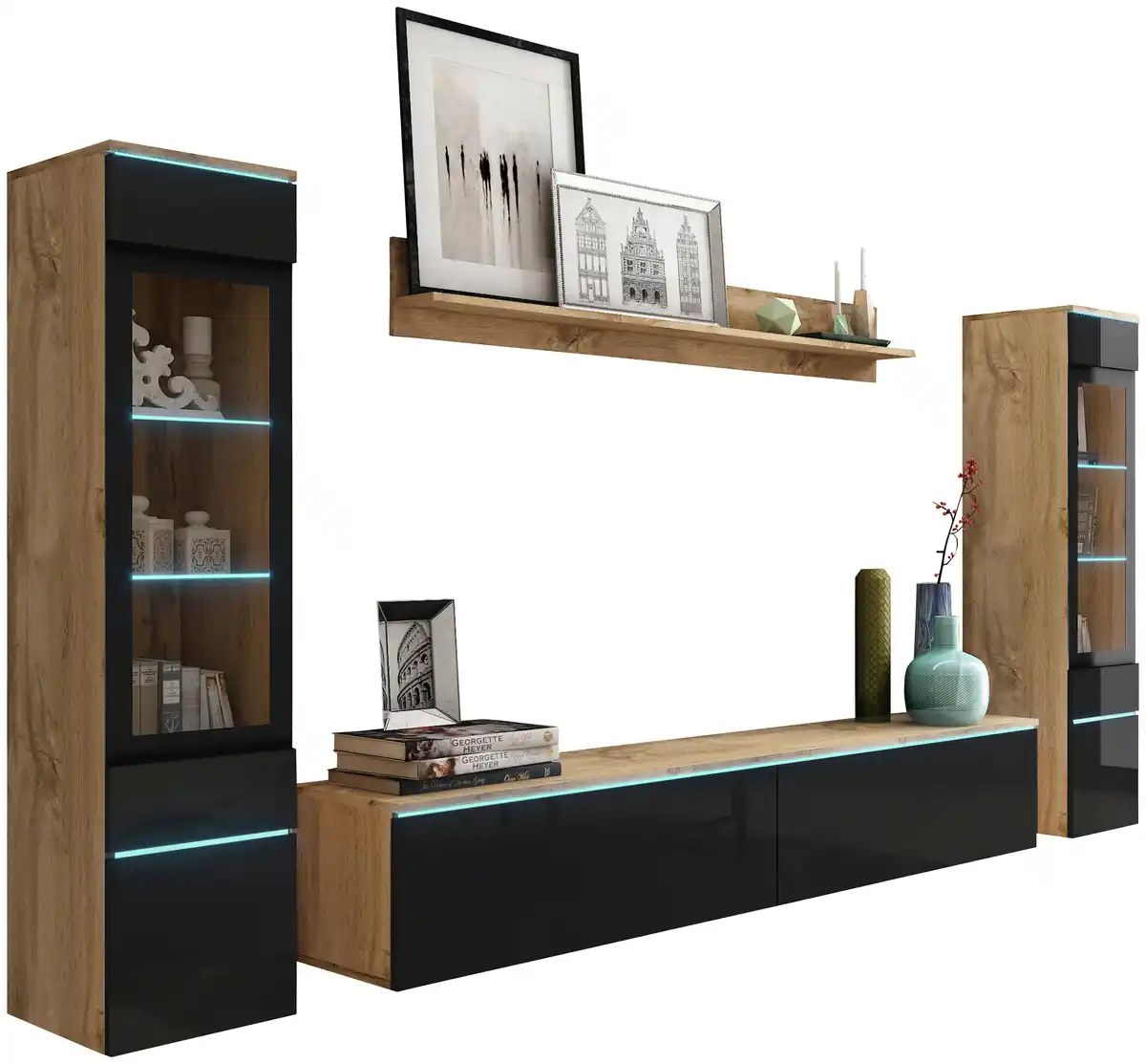 Bild 1 von Wohnwand Vera 4-tlg. ca. 240x130 cm Eiche Wotan, Eiche Wotan, Schwarz Hochglanz