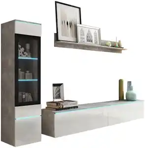 WOHNWAND VERA | BETONOPTIK/WEISS HG., Grau, Weiß Hochglanz