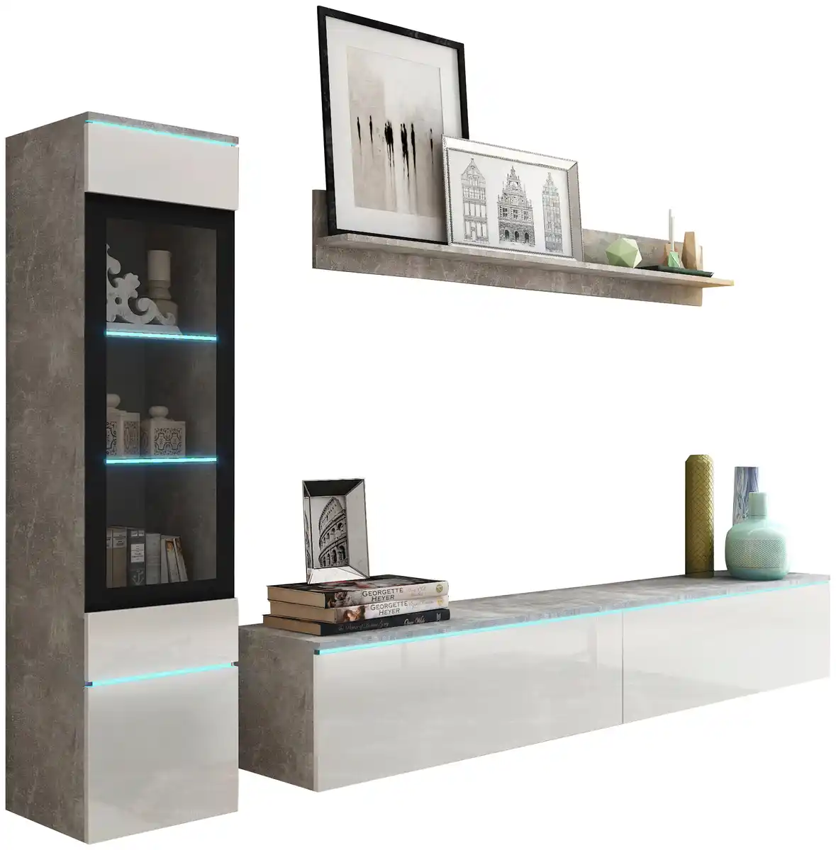 Bild 1 von WOHNWAND VERA | BETONOPTIK/WEISS HG., Grau, Weiß Hochglanz