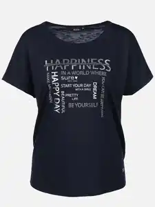 Damen Shirt mit Glitzersteinchen und Glitzerprint Blau