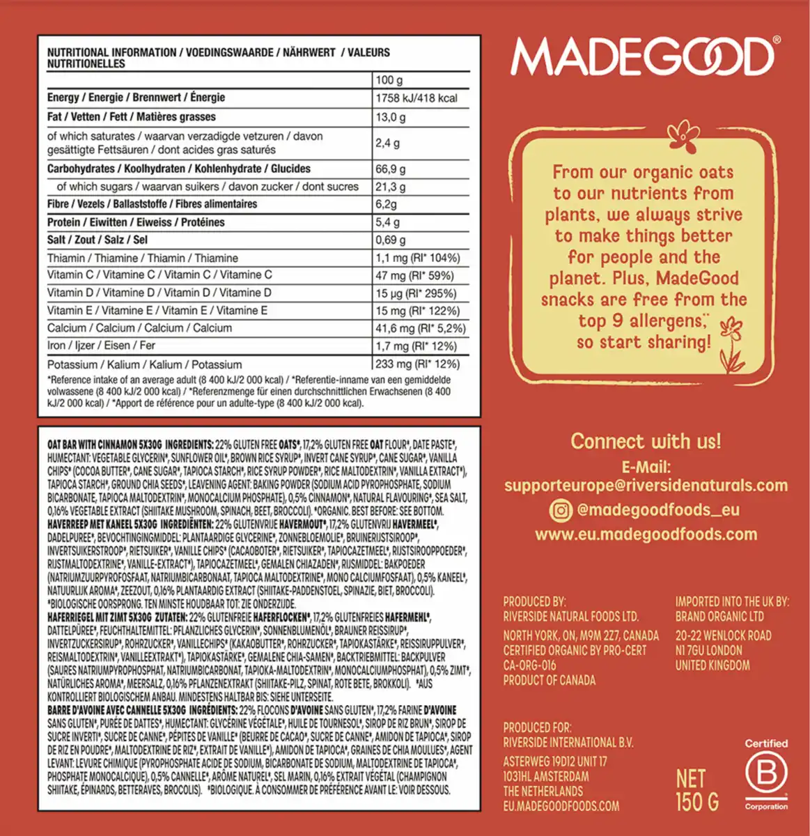 Bild 2 von MadeGood Bio Haferriegel mit Zimt, 150 g