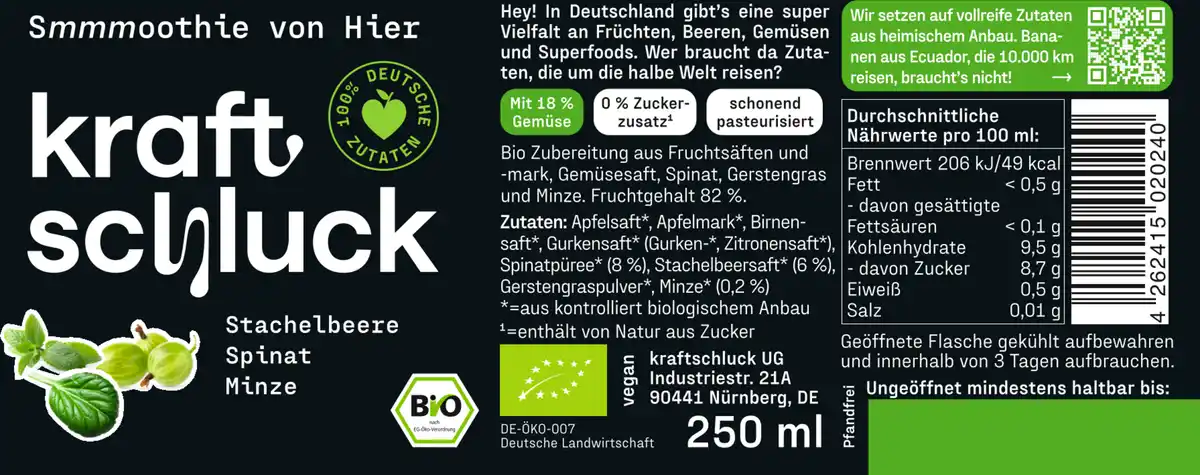 Bild 2 von kraftschluck Bio Smoothie Stachelbeere, Spinat & Minze, 250 ml