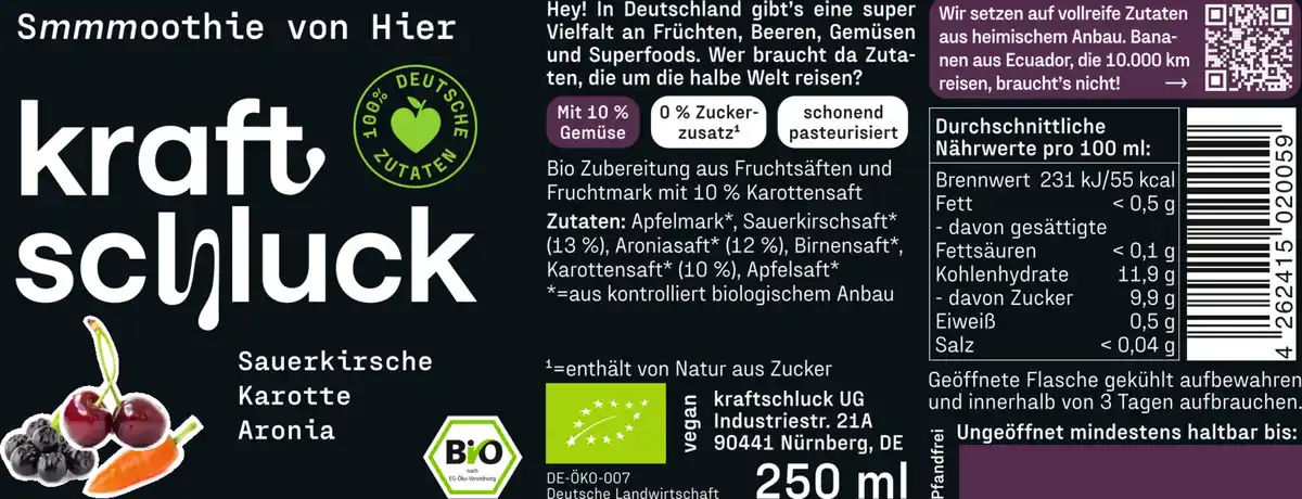 Bild 2 von kraftschluck Bio Smoothie Sauerkirsche, Karotte & Aronia, 250 ml