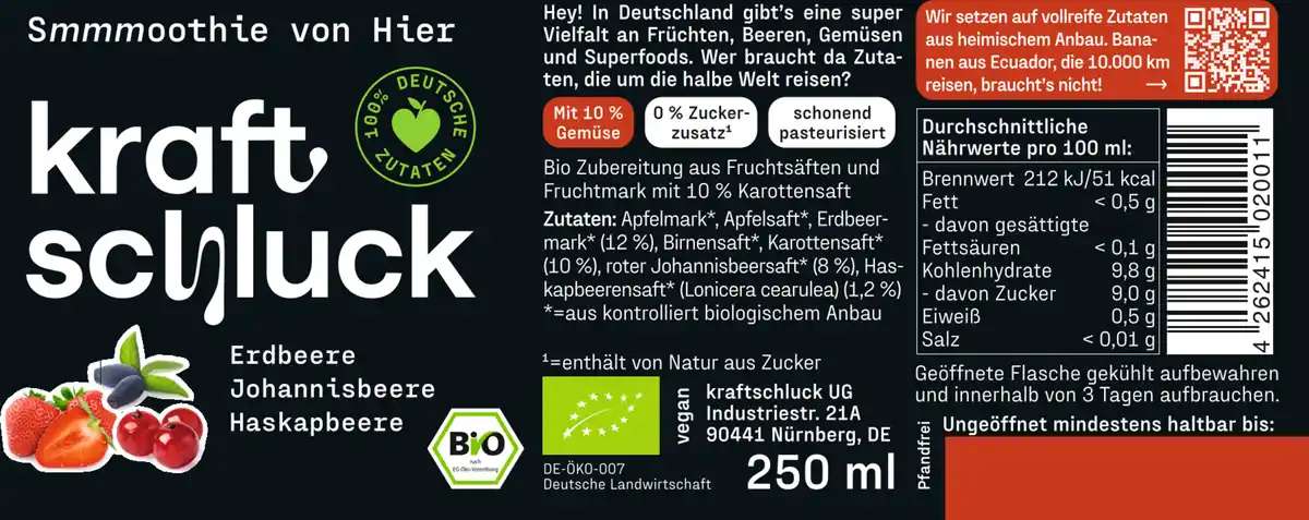 Bild 2 von kraftschluck Bio Smoothie Erdbeere, Johannisbeere & Haskapbeere, 250 ml