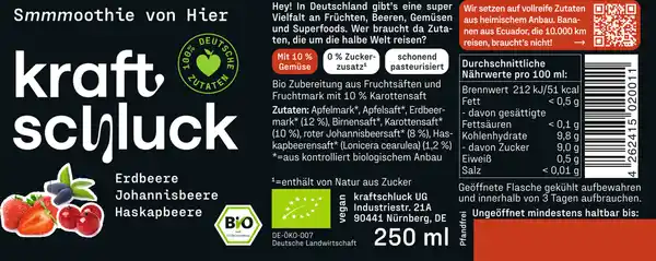 Bild 2 von kraftschluck Bio Smoothie Erdbeere, Johannisbeere & Haskapbeere, 250 ml