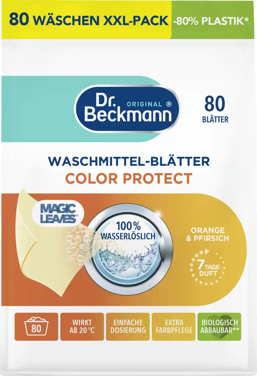 Bild 1 von Dr. Beckmann Magic Leaves Waschmittel-Blätter Color Protect Orange & Pfirsich XXL-Pack 80 WL