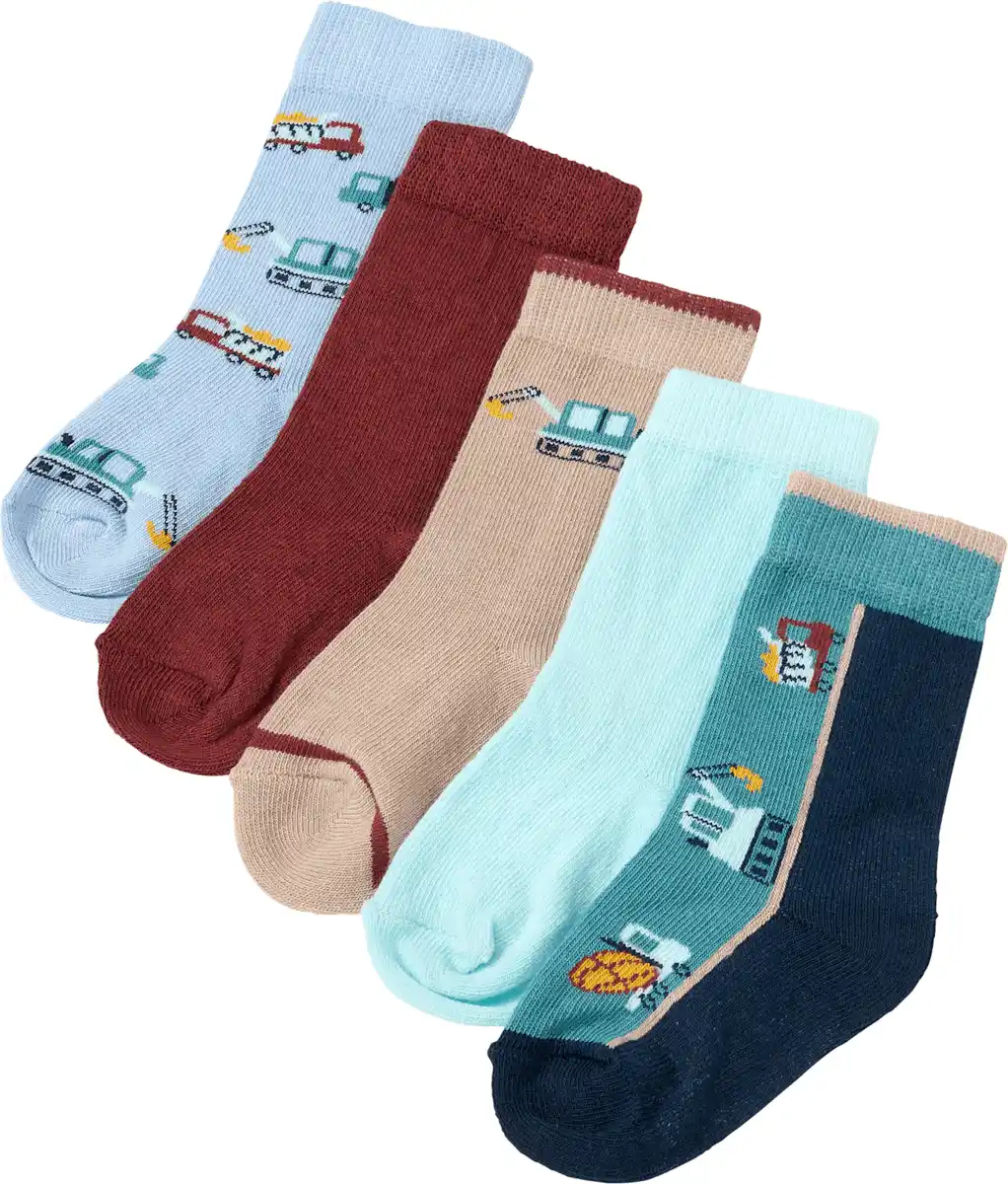 Bild 1 von PUSBLU Socken mit Bagger-Muster, blau + rot + braun, Gr. 19/22, 5 St