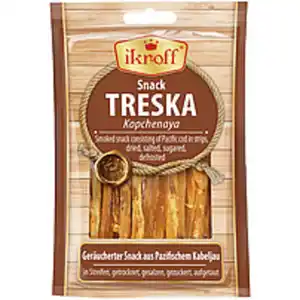 "IKROFF" Geräucherter Snack aus Pazifischem Kabeljau in Stre...