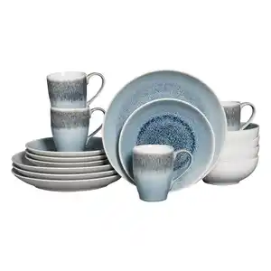 Creatable Kombiservice Caldera Eisblau, Weiß, Hellblau, Keramik, 16-teilig, 300 ml,400 ml, handbemalt, lebensmittelecht, stapelbar, Essen & Trinken, Geschirr, Geschirr-Sets, Kombiservice
