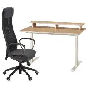 TRAVSPORT / MARKUS Schreibtisch und Stuhl, elektrisch Eichenachbildung/beige dunkelgrau