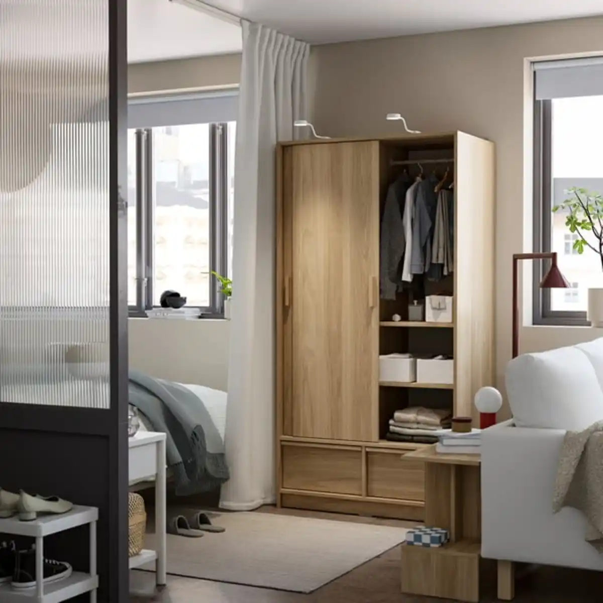 Bild 4 von ANKARUDDEN Kleiderschrank mit Schiebetüren, Eichenachbildung, 98x60x190 cm