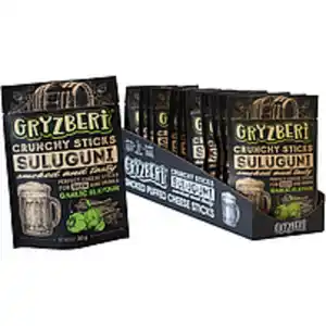 "SULUGUNI" Käsestäbchen gepufft, geräuchert, mit Knoblauchge...
