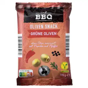 BBQ Olivensnack 100 g, Grüne Oliven Paprika & Pfeffer