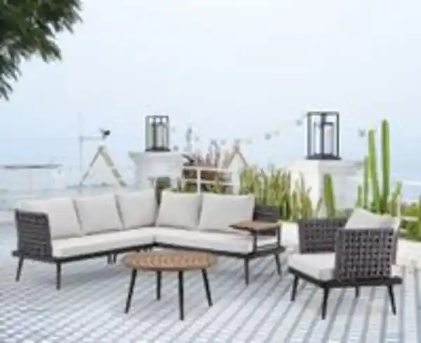 Bild 2 von 13tlg. Gartenmöbel Lounge-Set mit Sofa & Coffee Table aus Rope - Grau mit Teakholz