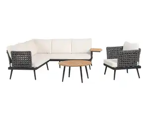 13tlg. Gartenmöbel Lounge-Set mit Sofa & Coffee Table aus Rope - Grau mit Teakholz