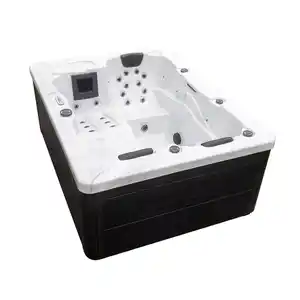 Outdoor Whirlpool WHITE MARBLE inkl. Treppe und Thermoabdeckung, 210 × 160 × 85 cm - Schwarz/Weiß