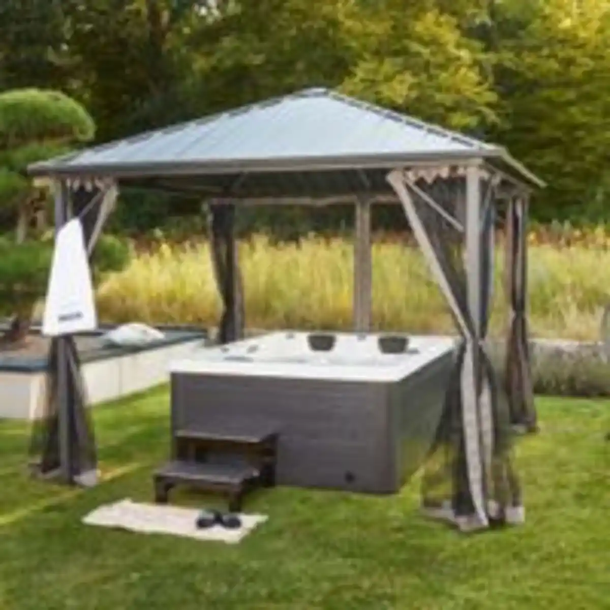 Bild 3 von Outdoor Whirlpool WHITE MARBLE inkl. Treppe und Thermoabdeckung, 210 × 160 × 85 cm - Schwarz/Weiß