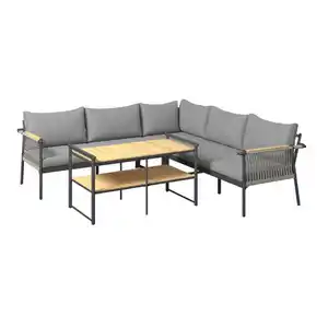 Ambia Garden Loungegarnitur, Dunkelgrau, Holz, Metall, Akazie, massiv, Füllung: Faserbällchen, Vlies,Baumwollfüllung, Vlies, Polyetherschaumkern, nicht einzeln stellbar, L-Form, 232x232 cm, Staura