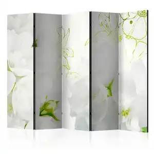 artgeist Paravent, Weiß, Hellgrün, Holz, Textil, Kiefer, massiv, Floral, 225x172x3 cm, Motiv auf Vorderseite, Wohnzimmer, Raumteiler & Paravents, Paravents