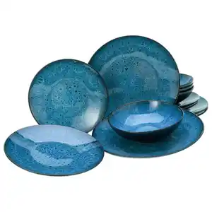 Creatable Tafelservice Capri, Blau, Schwarz, Petrol, Keramik, 12-teilig, Abstraktes, lebensmittelecht, stapelbar, Essen & Trinken, Geschirr, Geschirr-Sets, Tafelservice