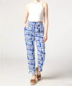 Viskose-Hose mit Bindegürtel, weiß/blau