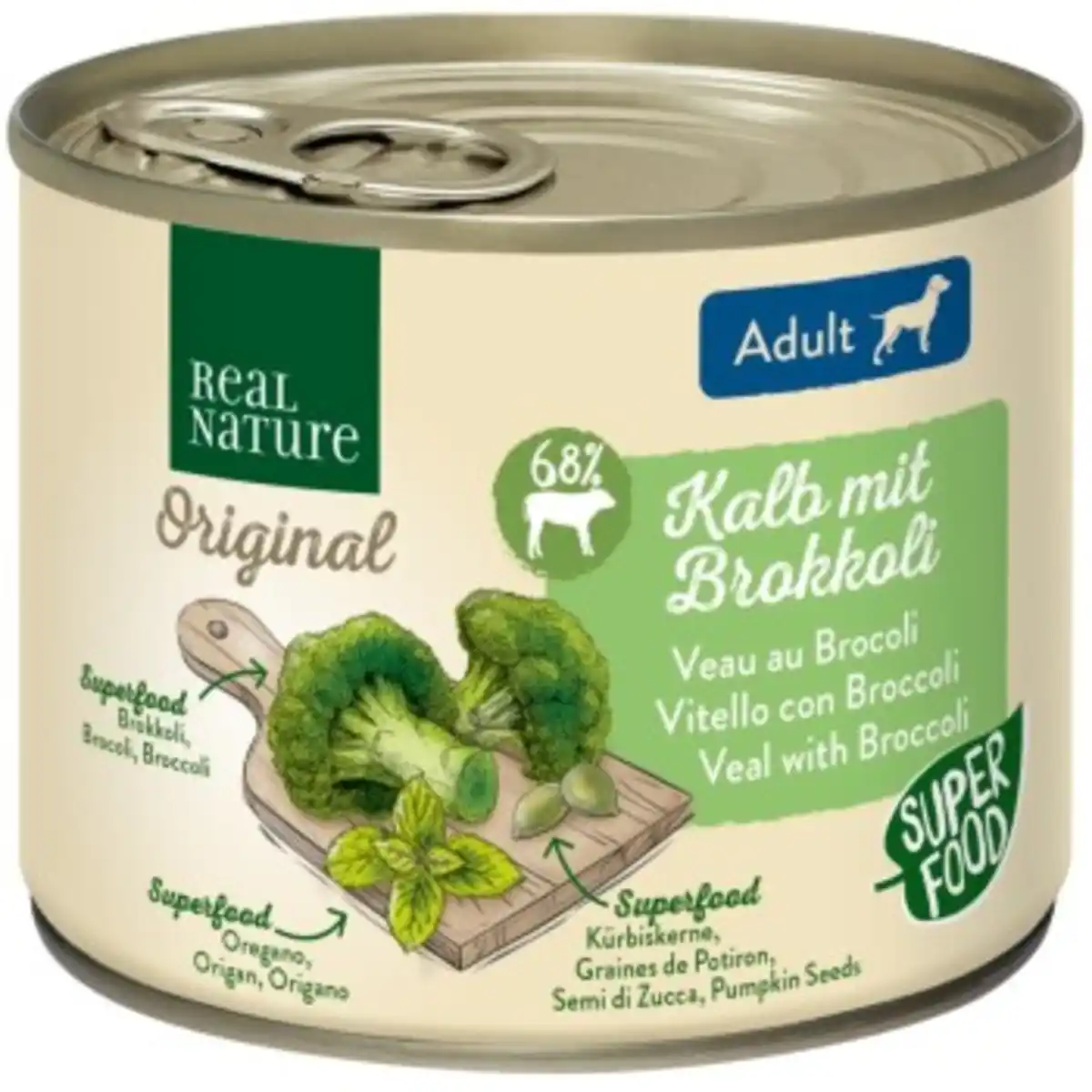 Bild 1 von REAL NATURE Superfood Nassfutter Hund, Adult, Kalb mit Brokkoli 6x200 g