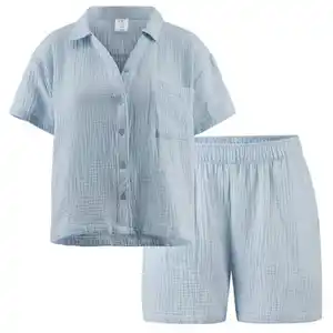 UP2FASHION WOMEN Damen Musselin Pyjama, Blau, S 36/38