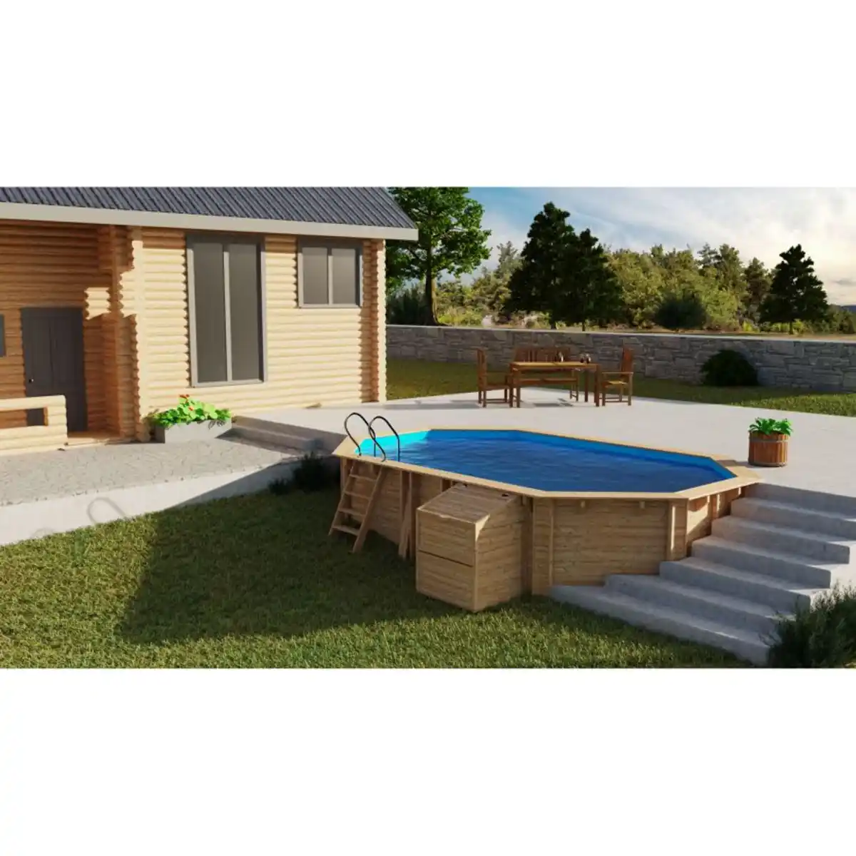 Bild 1 von GRE Massivholzpool-Set 'Safran 2' 620 x 395 x  136 cm mit Edelstahlleiter, Holzleiter und Sandfilter