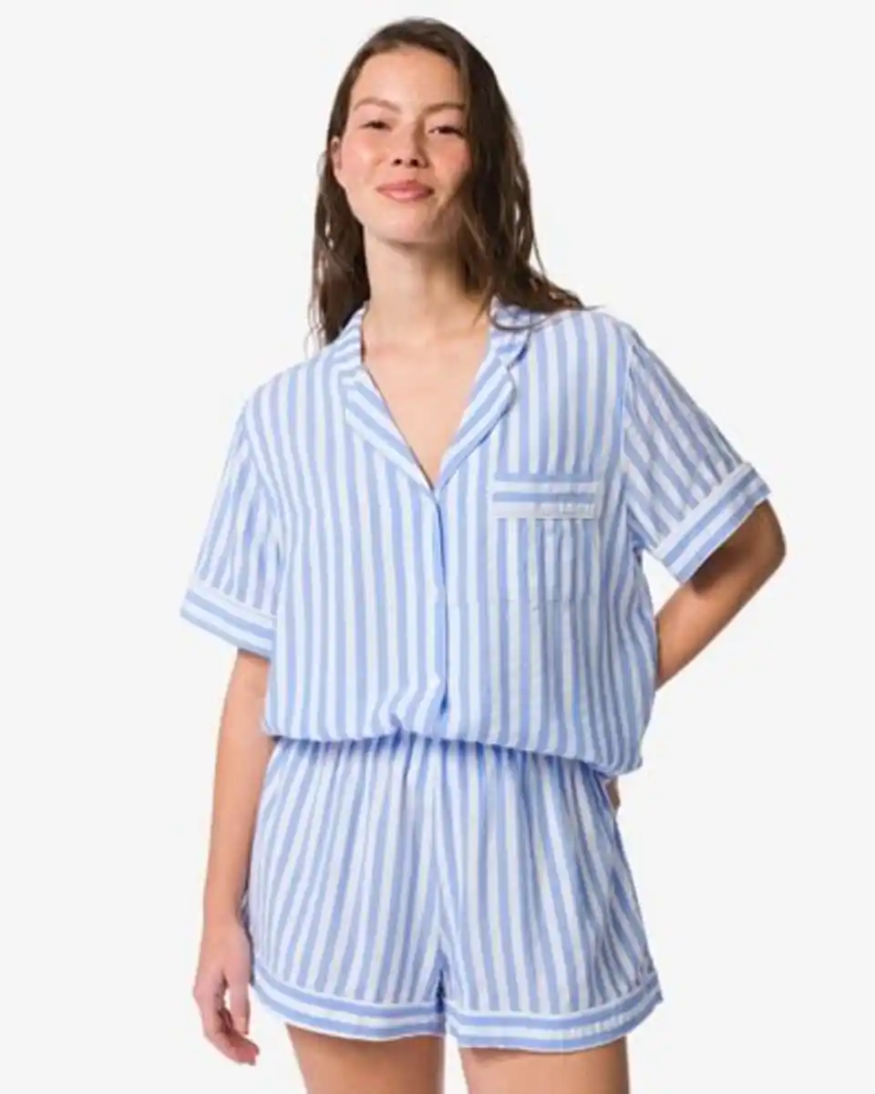 Bild 1 von Damen-Pyjamashorts Seersucker gestreift blau