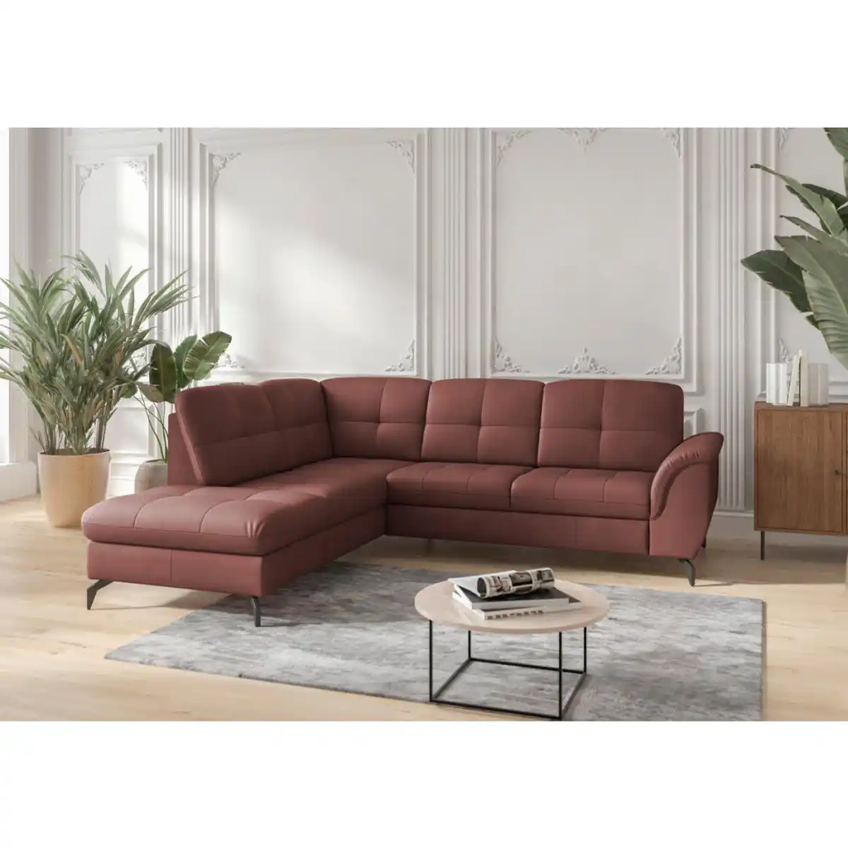 Bild 1 von Sit & More Ecksofa Zora E, Rotbraun, Metall, Echtleder, Nappaleder, 5,5-Sitzer, Ottomane links, L-Form, 244x212 cm, Goldenes M, Made in Europe, DGM-Klimapakt, Schlafen auf Sitzhöhe, Rücken echt, Ar