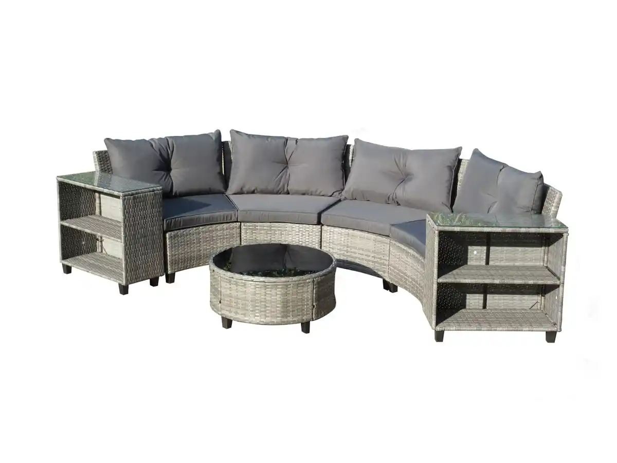 Bild 1 von 15tlg. runde Garten-Sofagarnitur Loungeset mit 2 Seitenablagen - Grau