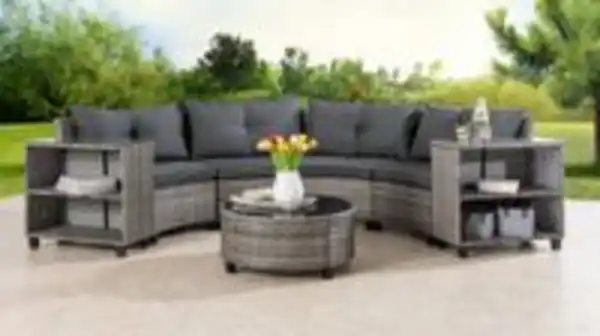 Bild 3 von 15tlg. runde Garten-Sofagarnitur Loungeset mit 2 Seitenablagen - Grau