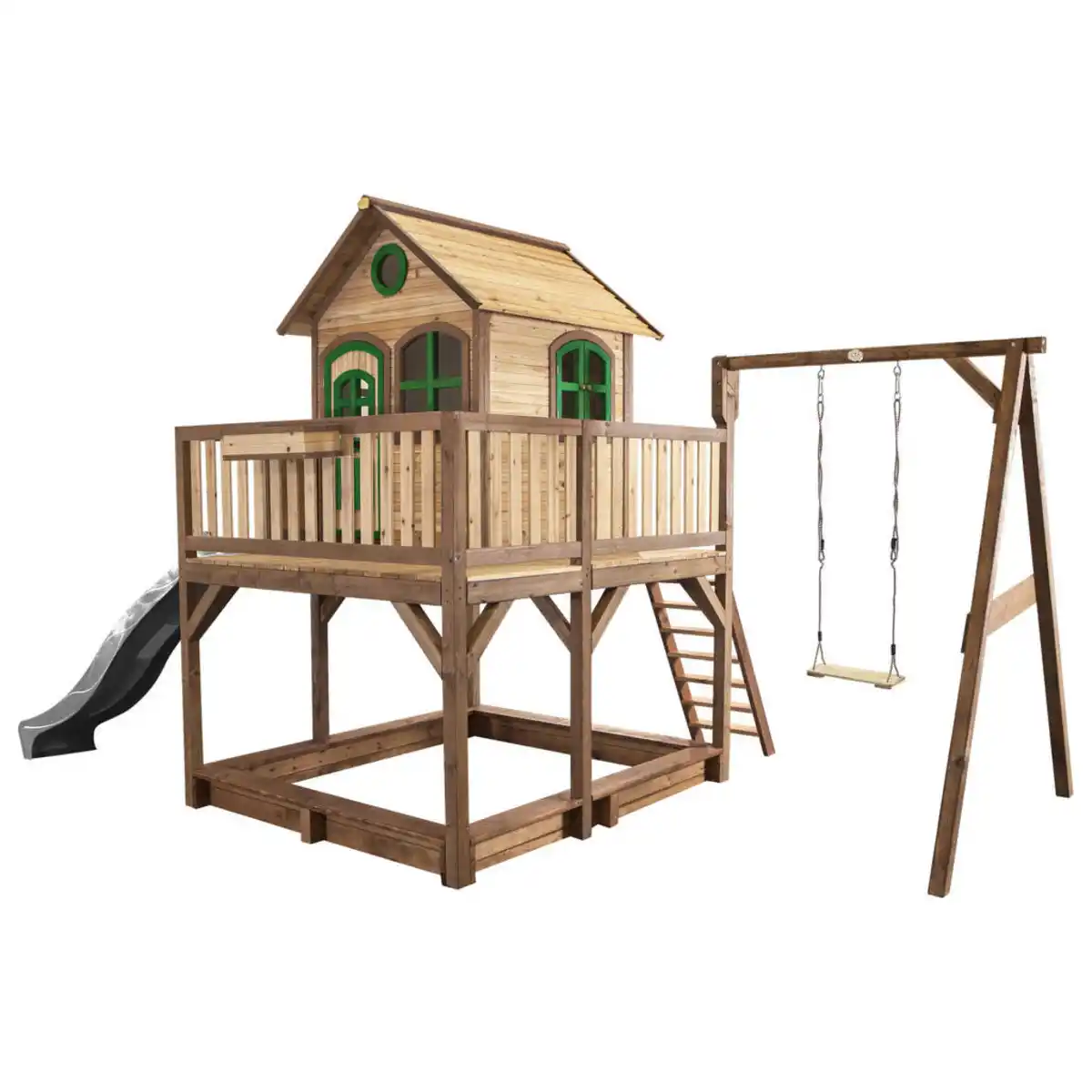 Bild 1 von Spielturm, Braun, Grau, Grün, Holz, Kunststoff, 541x291x277 cm, EN 71, CE, FSC 100%, Outdoor Spielzeug, Spieltürme