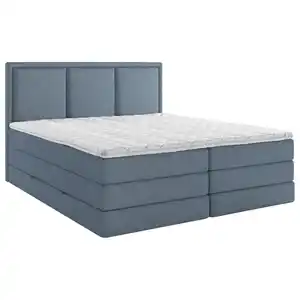 Mid.you Boxspringbett, Dunkelblau, Kunststoff, H2 + H3, 7-Zonen, Höhe ca. 18 cm, 180x220 cm, Bettkasten, gepolstertes Kopfteil, Topper durchgehend, Wendematratze mit unterschiedlichen Härtegraden,