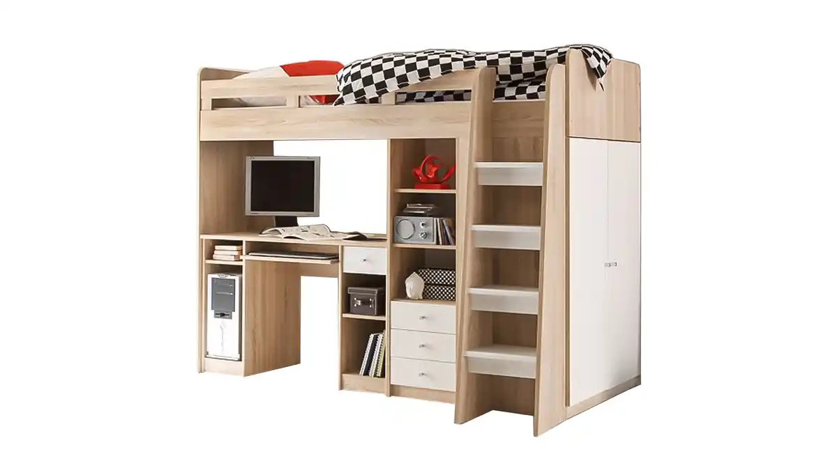 Bild 1 von Hochbett mit Schreibtisch 90 x 200 cm Eiche - weiß Kinderbett - UNIT