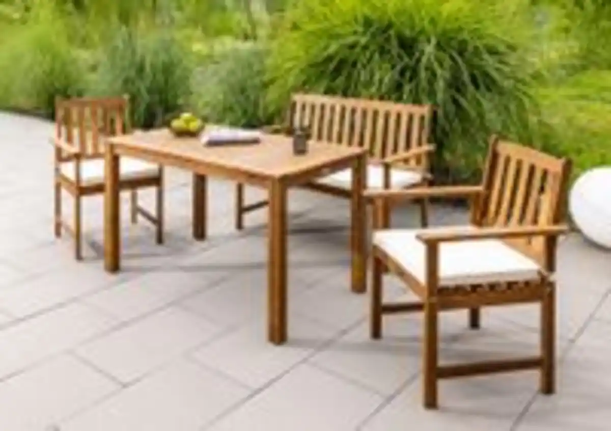 Bild 2 von Garten Dining Set mit Bank und 2 Stühlen, ca. 125 x 75 cm – Braun mit weißen Kissen