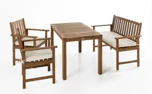 Garten Dining Set mit Bank und 2 Stühlen, ca. 125 x 75 cm – Braun mit weißen Kissen
