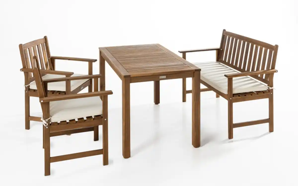 Bild 1 von Garten Dining Set mit Bank und 2 Stühlen, ca. 125 x 75 cm – Braun mit weißen Kissen
