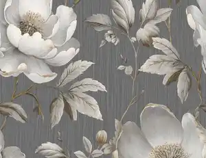 Papiertapete Große Blüten Beige, Anthrazit