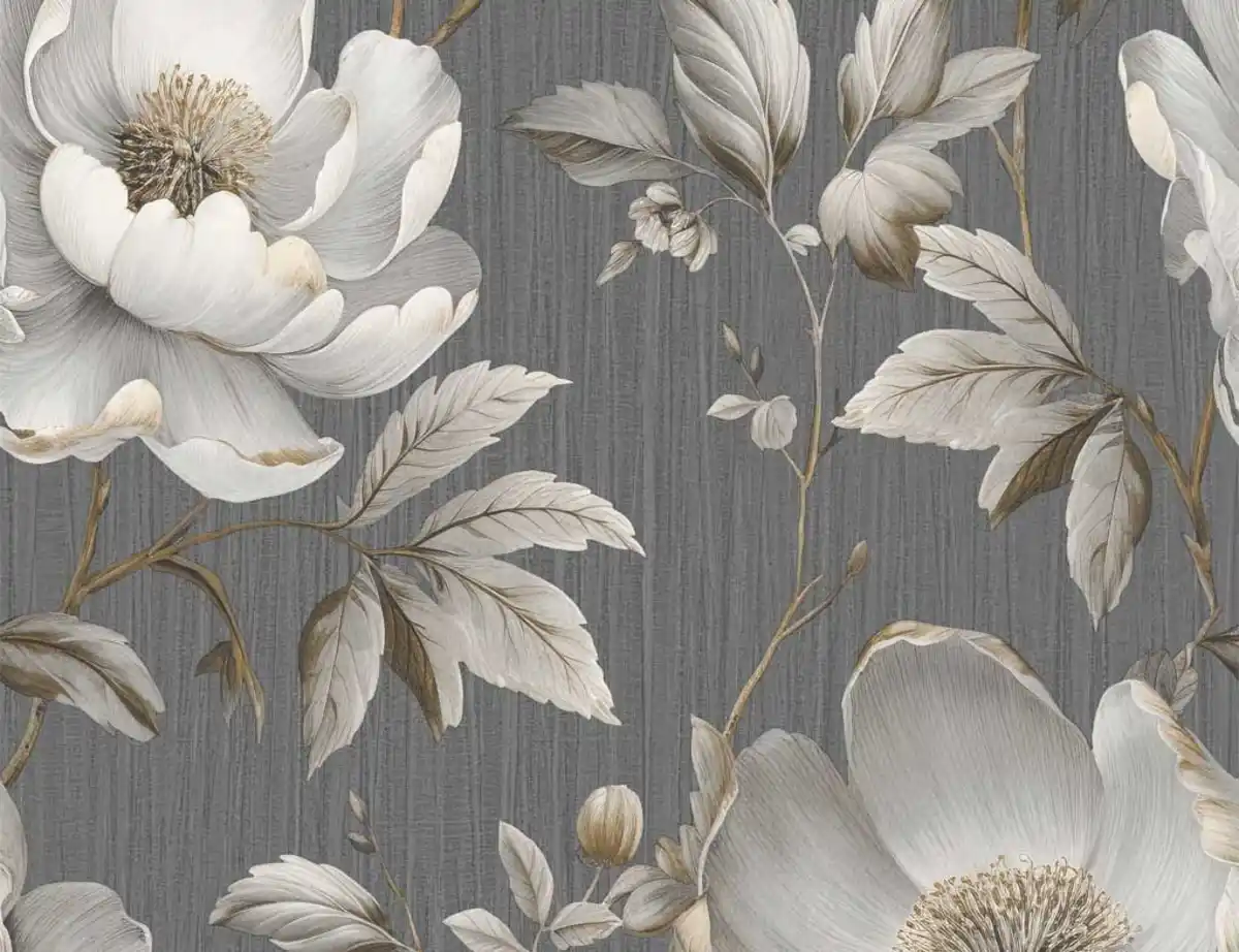 Bild 1 von Papiertapete Große Blüten Beige, Anthrazit