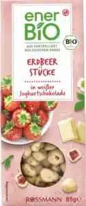 enerBiO Gefriergetrocknete Erdbeerstücke in weißer Joghurtschokolade, 85 g