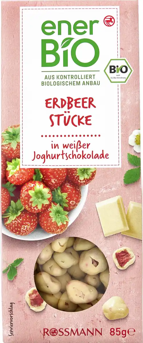 Bild 1 von enerBiO Gefriergetrocknete Erdbeerstücke in weißer Joghurtschokolade, 85 g