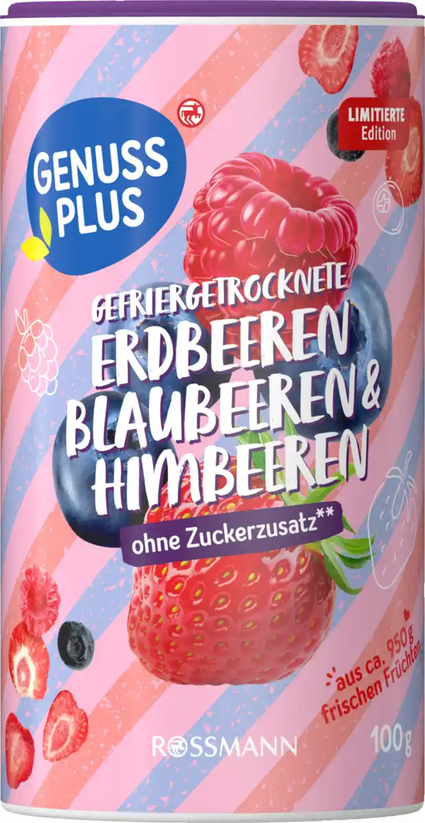 Bild 1 von GENUSS PLUS Gefriergetrocknete Erdbeeren, Blaubeeren & Himbeeren, 100 g