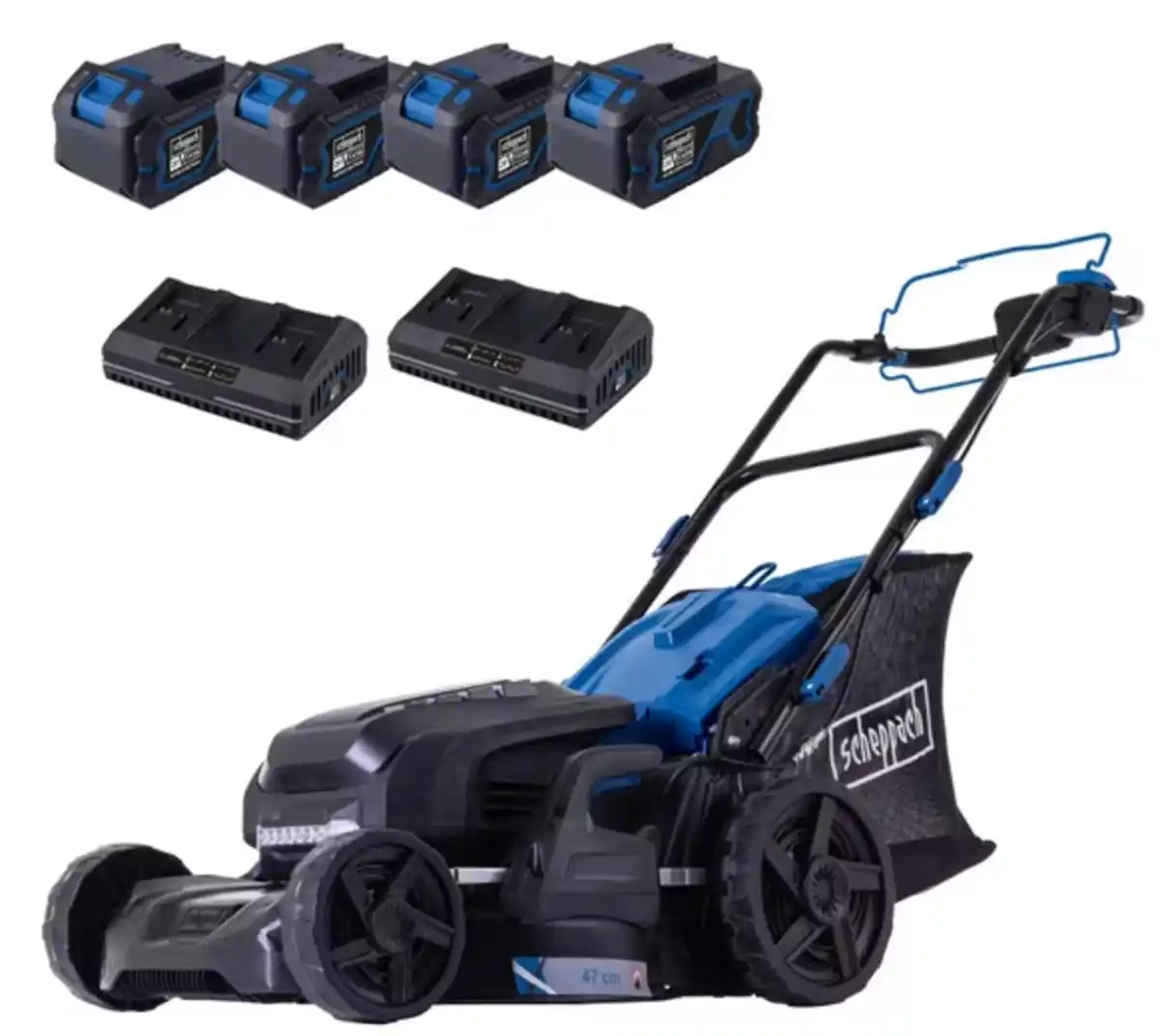 Bild 1 von 6in1 Akku-Rasenmäher BC-MP470-X – Set XL2x2 inkl. 4x 4Ah Akku + 2 4,5A Doppelladegerät