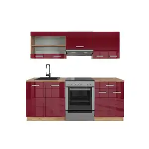 Vicco Küchenzeile, Rot, Honigeiche, Holzwerkstoff, Küchenblock,Rechteckig, 200x81.6x46 cm, Küchen, Küchenzeilen & Küchenblöcke, Küchenzeilen ohne Geräte