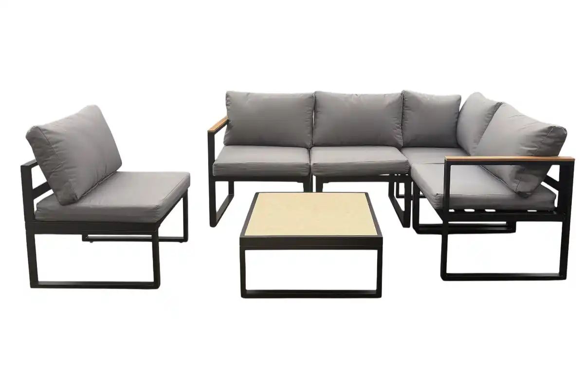 Bild 1 von 17.tlg Ecklounge "Santorini" aus Aluminium mit Tisch & Sessel - Schwarz/Hellgrau