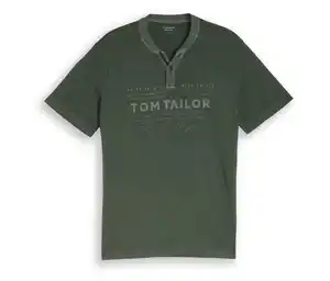 Tom Tailor Serafino T-Shirt mit Logo-Print, Deep Leaf Green