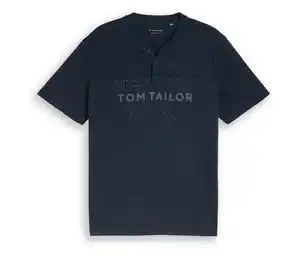 Tom Tailor Serafino T-Shirt mit Logo-Print, Sky Captain Blue