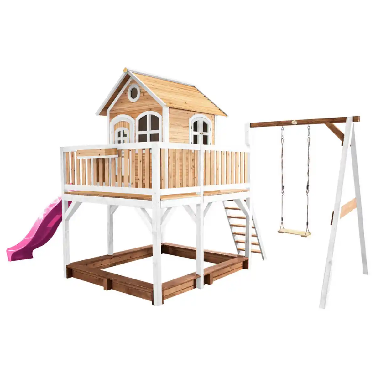 Bild 1 von Spielturm, Braun, Lila, Weiß, Holz, Kunststoff, 541x291x277 cm, EN 71, CE, FSC 100%, Outdoor Spielzeug, Spieltürme
