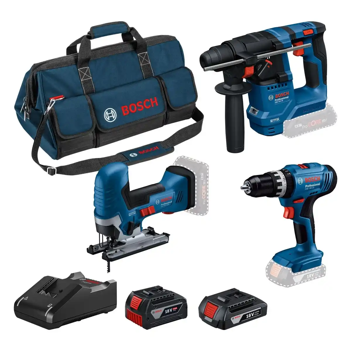 Bild 1 von Bosch Professional Kit 3 Akku-Geräte GSB/GST/GBH 18 V mit 2 Akkus und Ladegerät